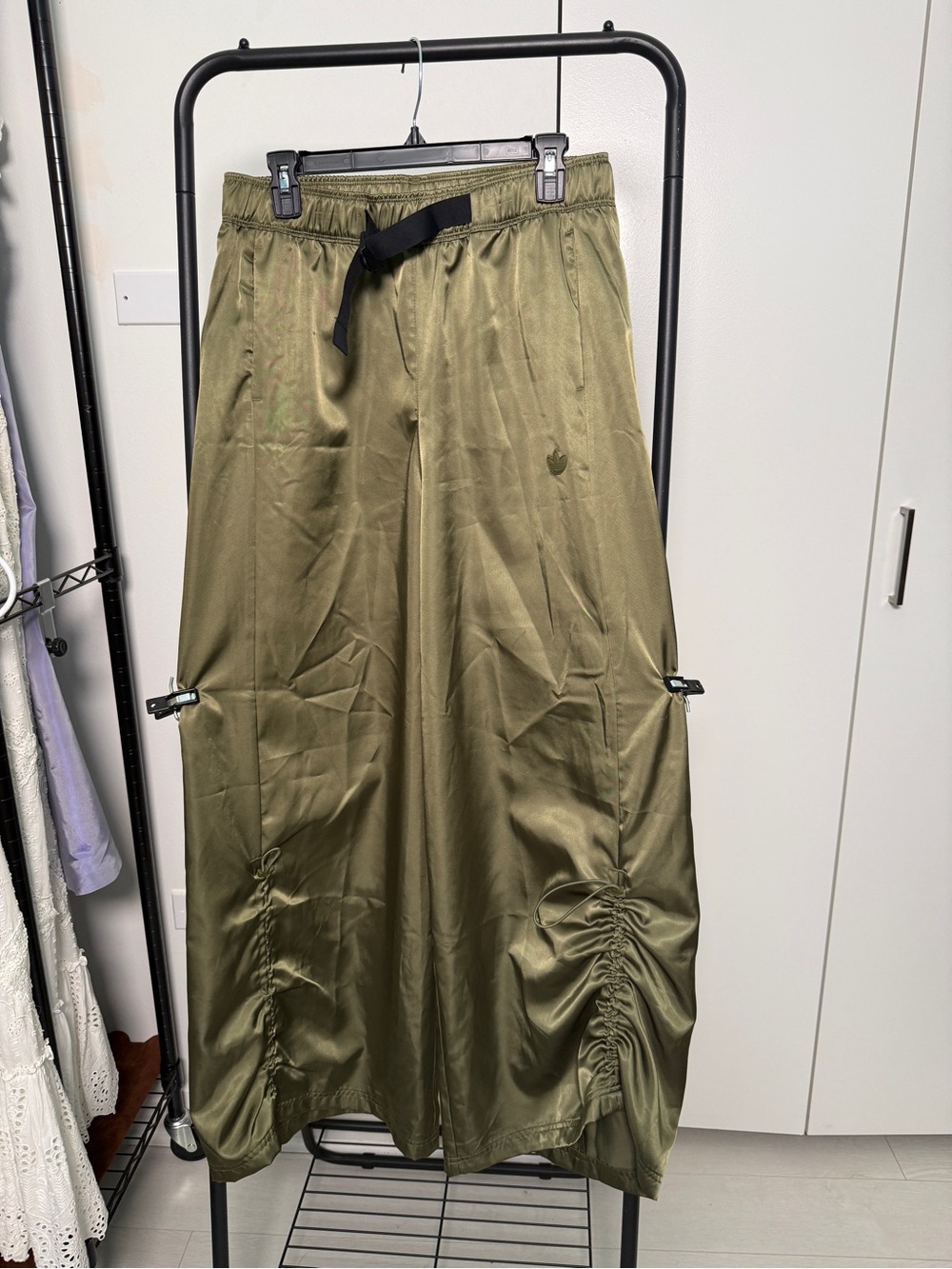adidas Olive Green Satin Wide-Leg Track Pants - Picture 2 of 8